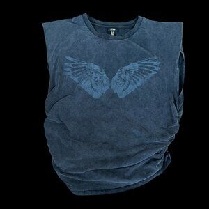 AFRM Women’s XL Distressed Black Sleeveless Graphic Tee – Wing/Butterfly Print,